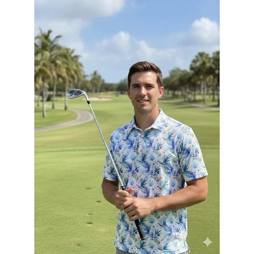 1764 Golf Shirt Men L Cockatoo Floral All Over Graphic Stretch Performance Polo